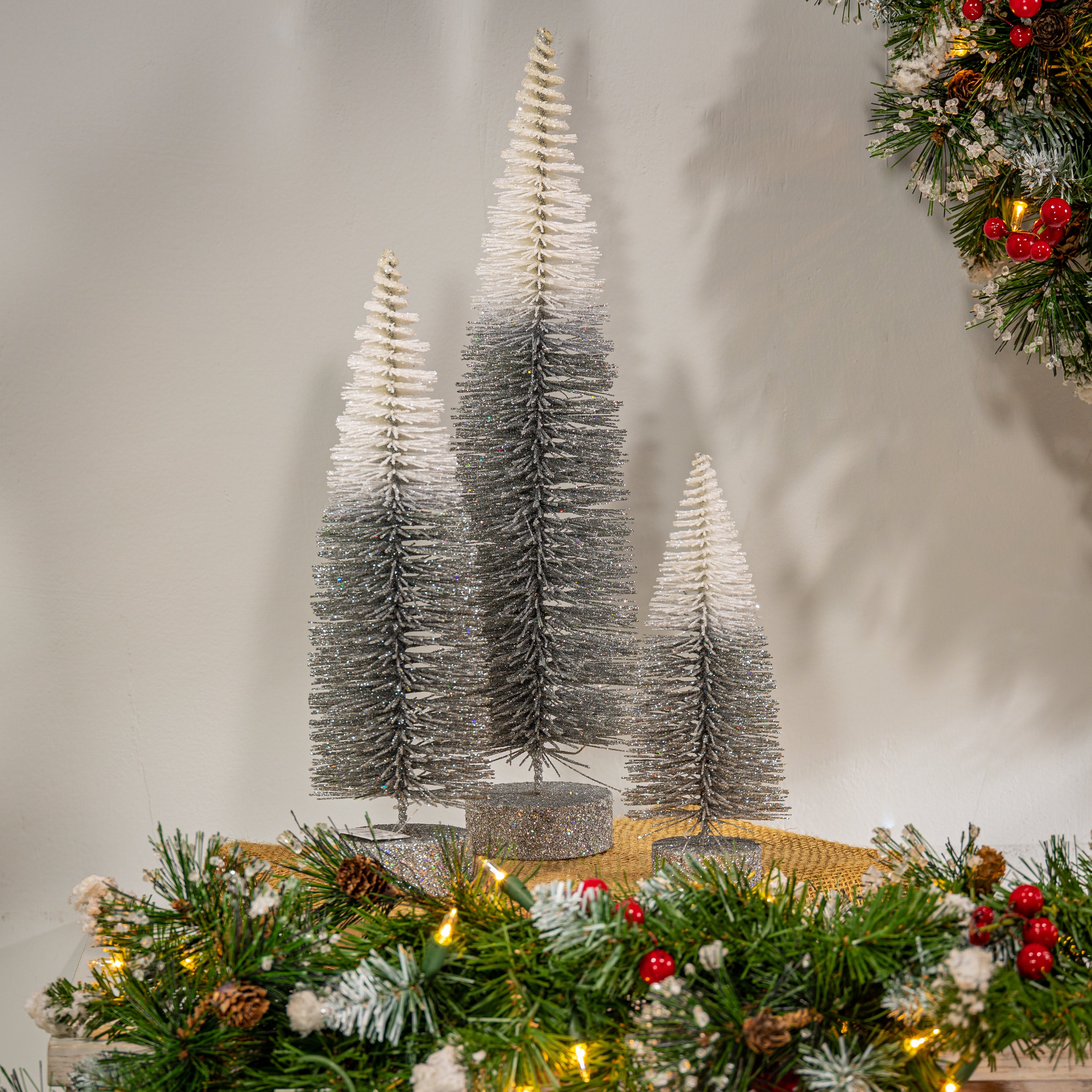 S/3 Grey to White Ombre Bottle Brush Trees, Lg is 16-in H, med is 12-in H, Sm is 8-in H